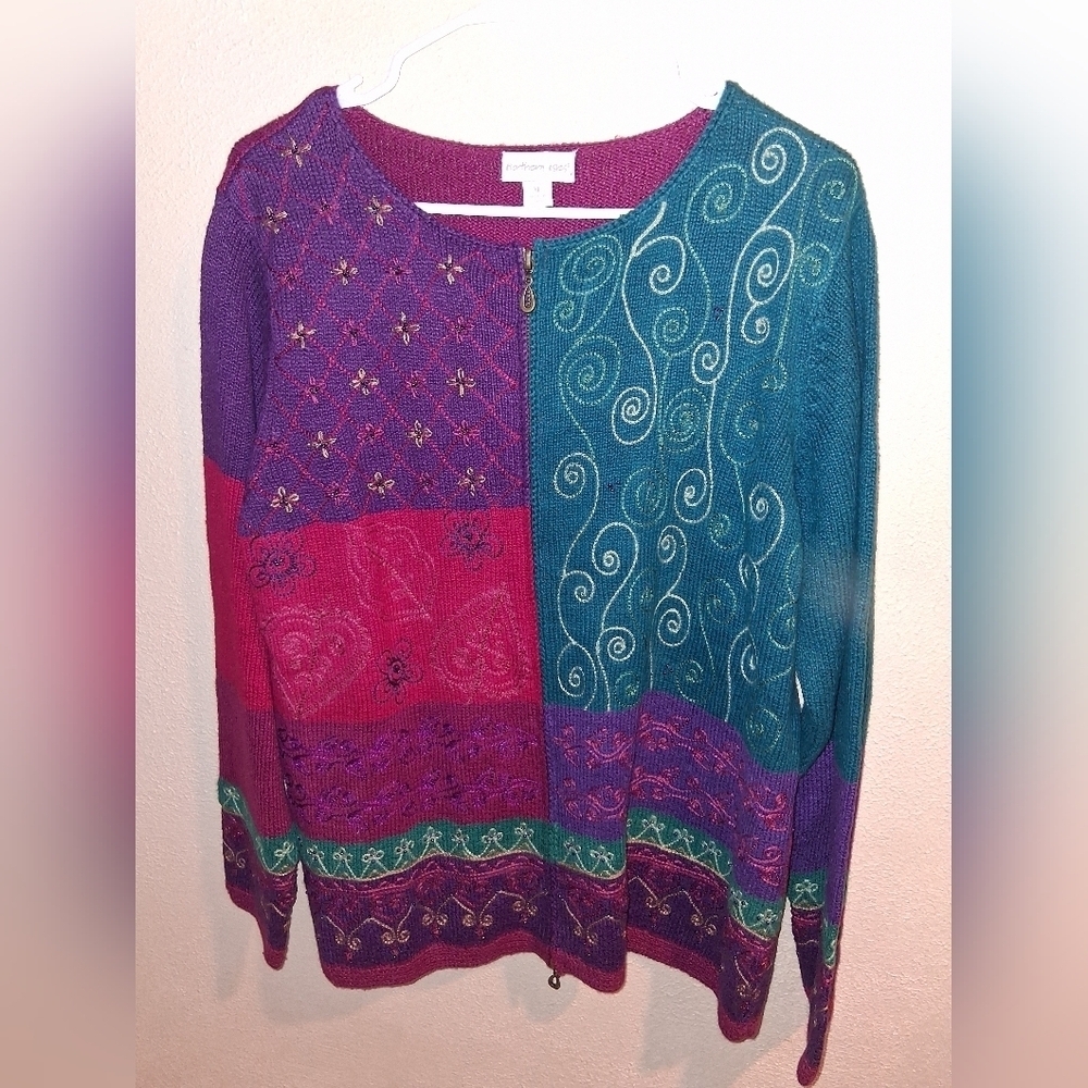 Signature Northern Isles Knit Cardigan Embroidered Beaded Colorful XL